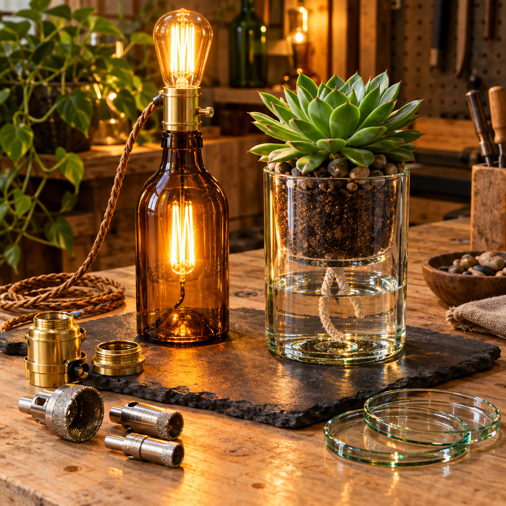 Glass Bottle Upcycling & Lighting Blueprint | Step-by-Step Illustrated Guide