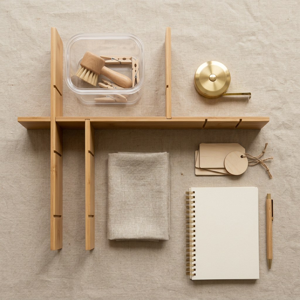 Aesthetic home organizing tools and modular storage essentials flat lay by Life Logic Lab