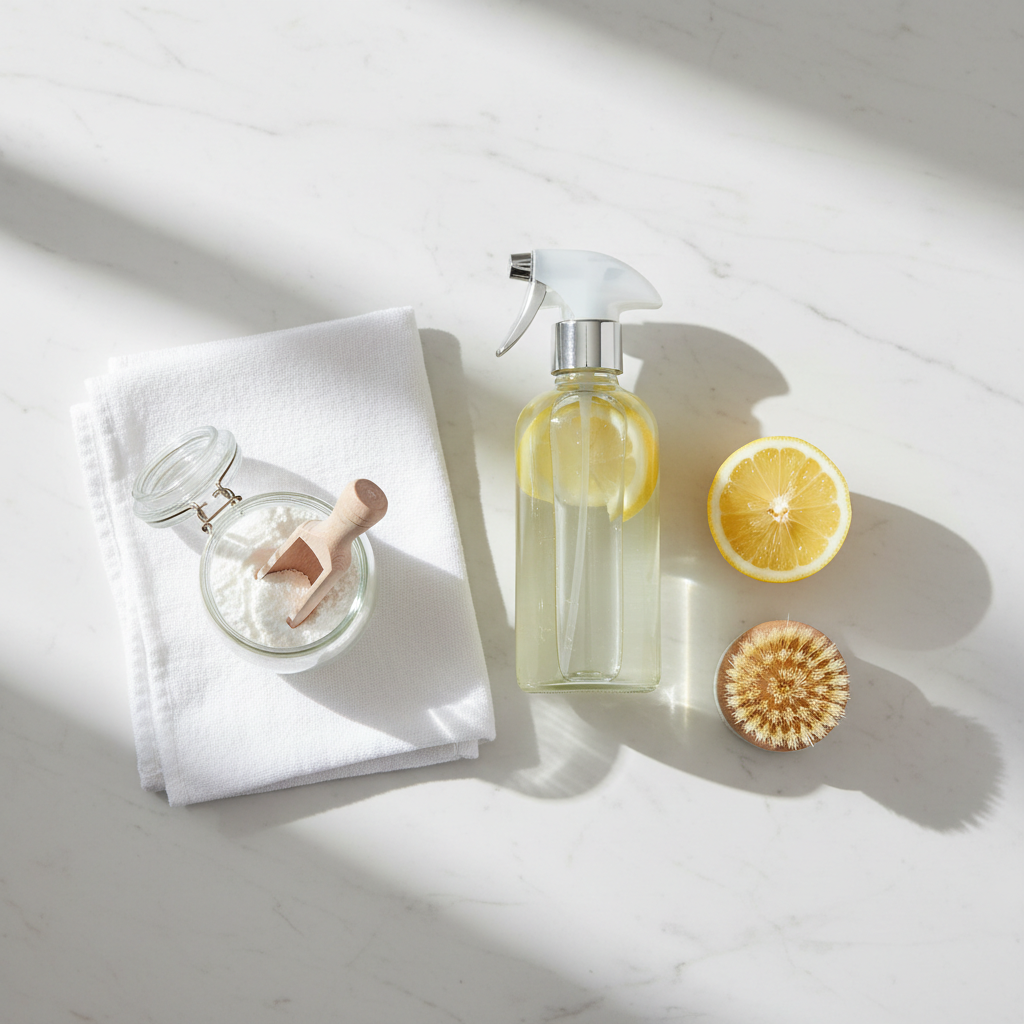 Natural cleaning supplies flat lay scene