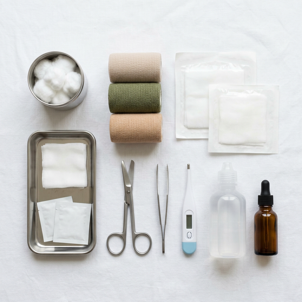 Emergency veterinary first aid kit essentials flat lay by Life Logic Lab