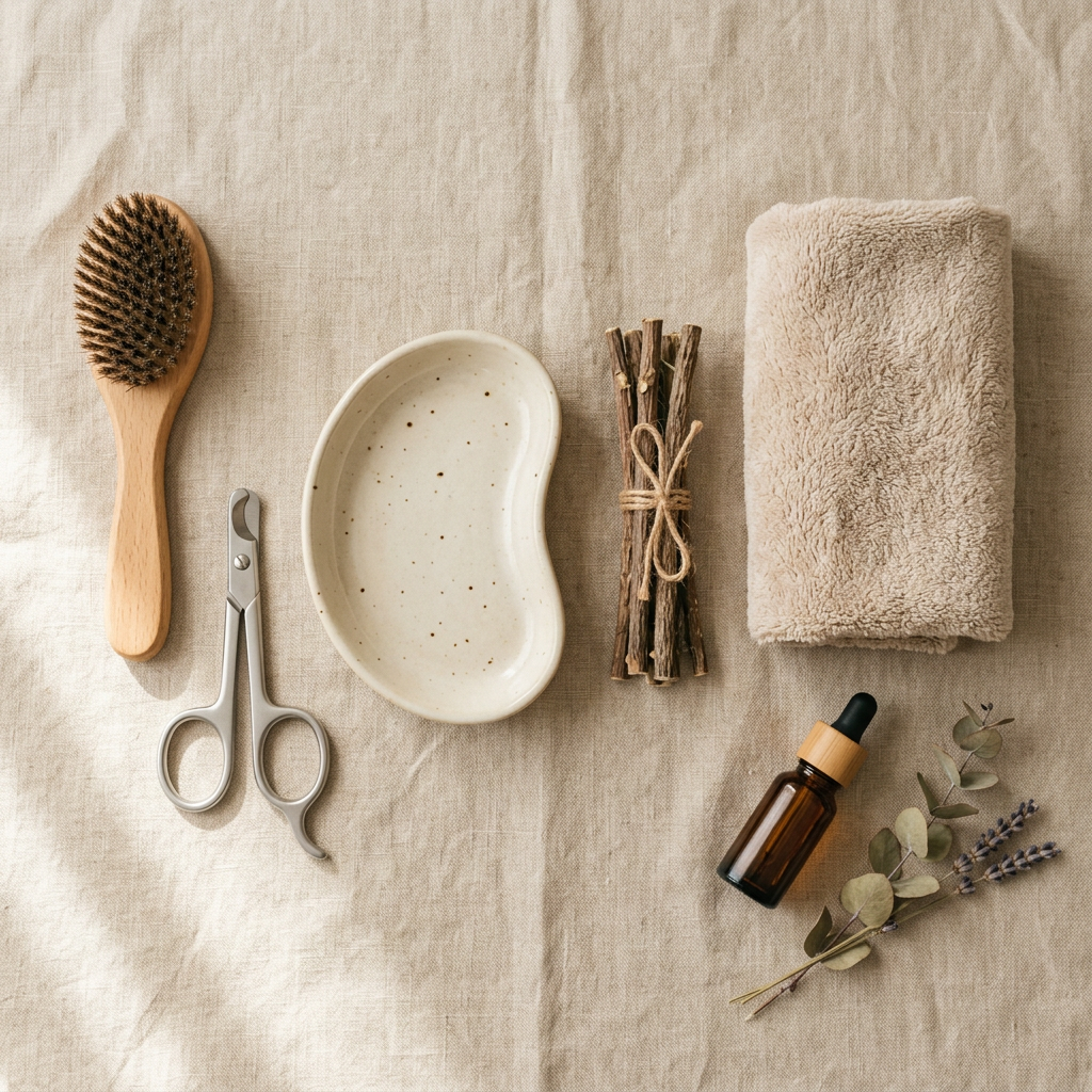 Natural feline wellness and grooming essentials flat lay by Life Logic Lab