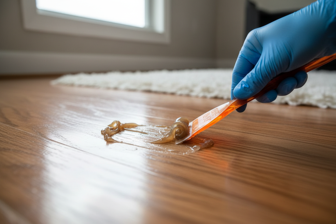 Sticky adhesive residue on hardwood floor being removed with Goo Gone and plastic scraper