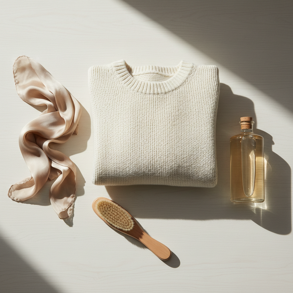 Premium garment care flat lay scene