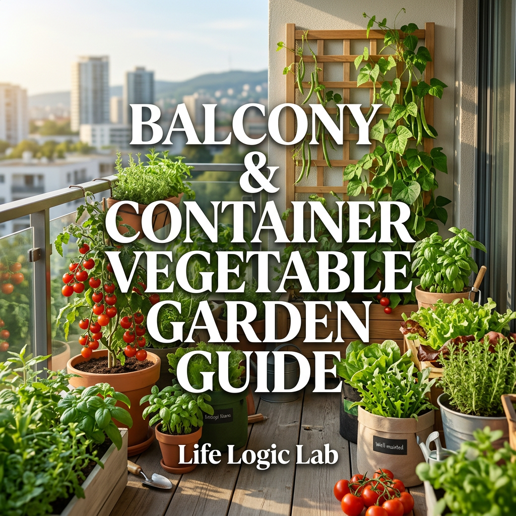 Balcony & Container Vegetable Garden Guide Step-by-Step Illustrated Guide Cover by Life Logic Lab