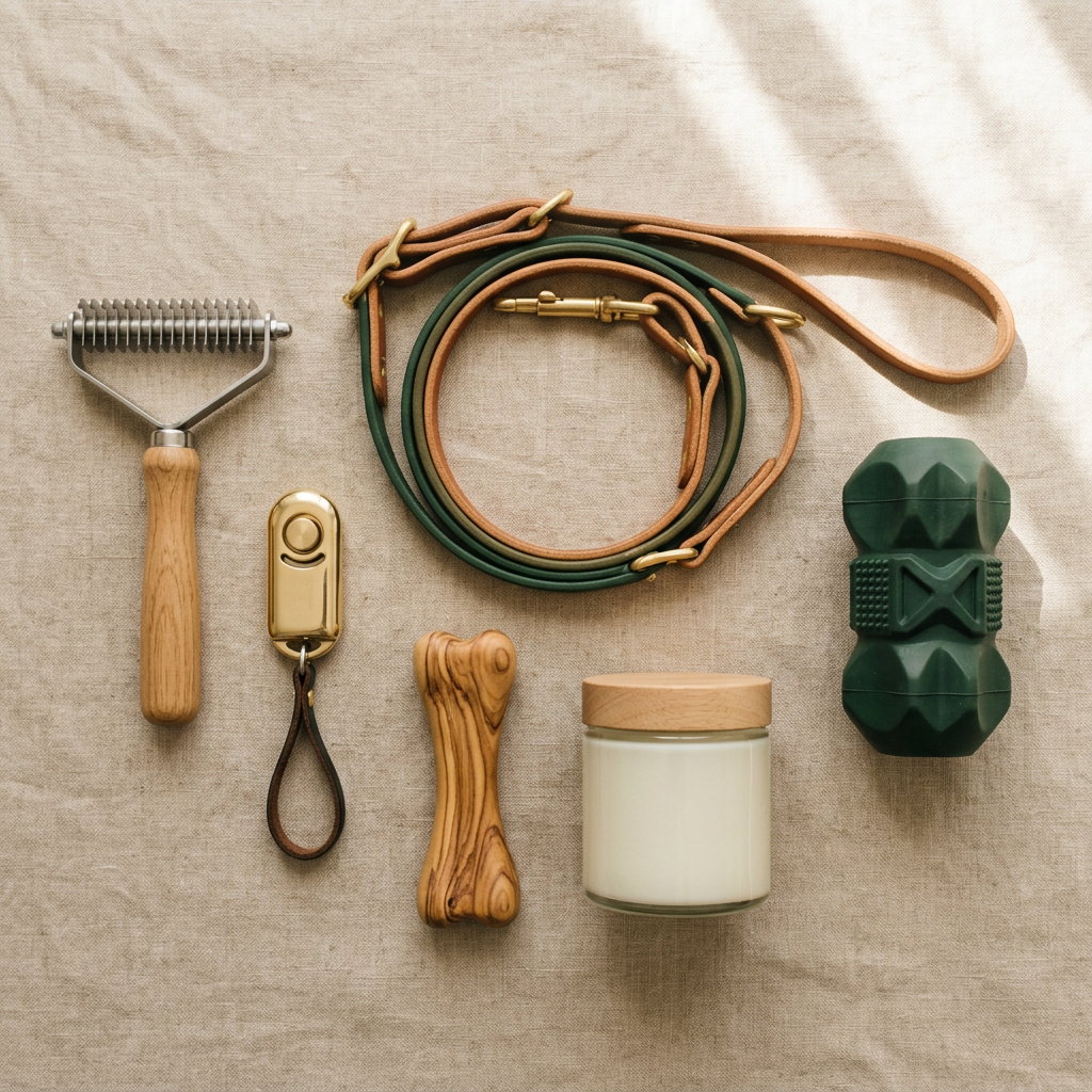 Natural canine grooming and training essentials flat lay by Life Logic Lab