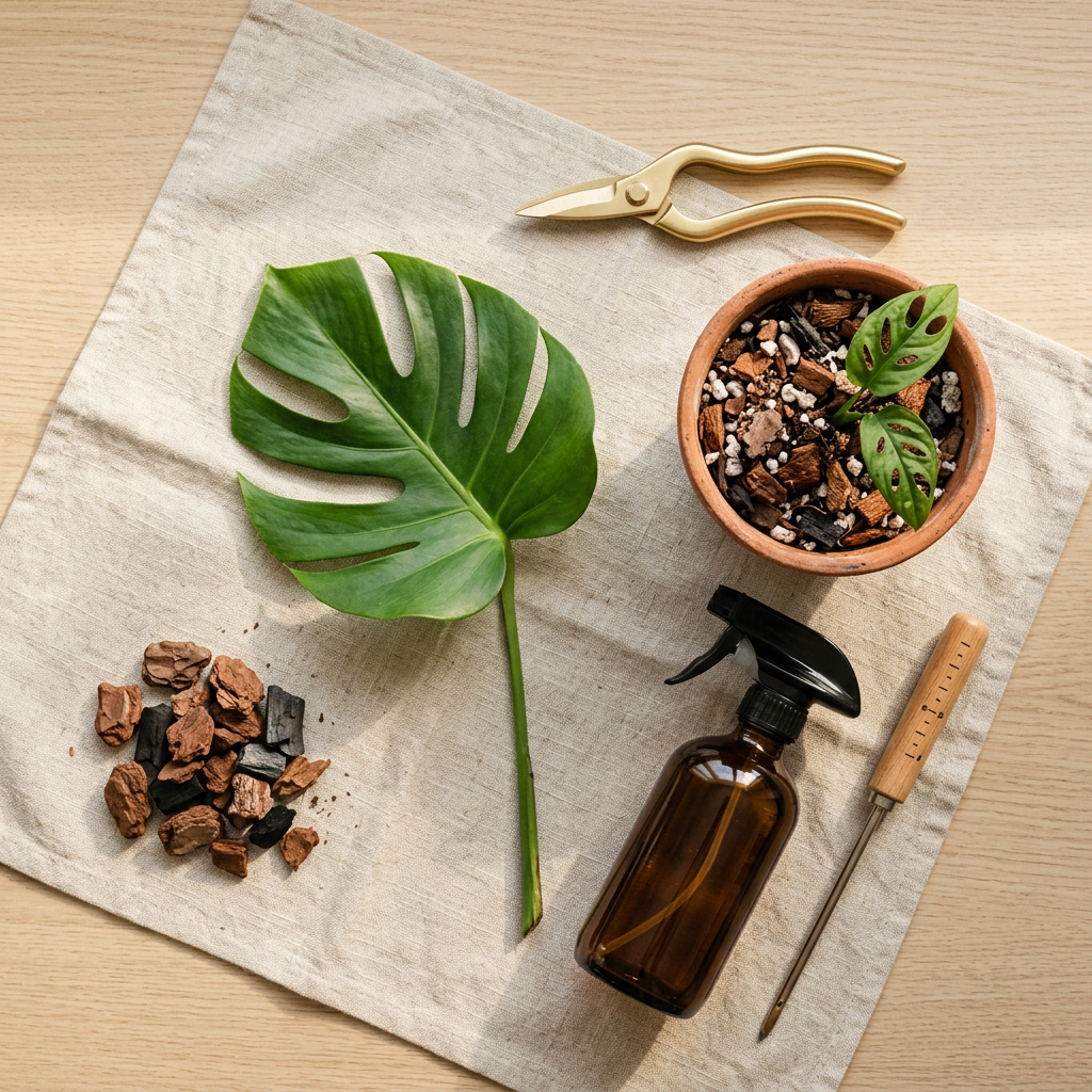 Botanical plant care essentials and potting substrate mix flat lay by Life Logic Lab