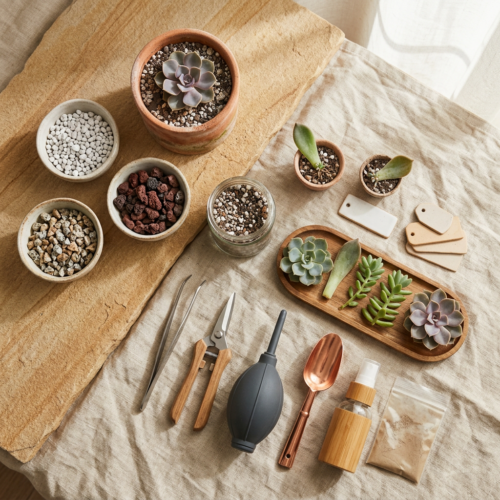 Succulent repotting and gritty mineral soil flat lay by Life Logic Lab
